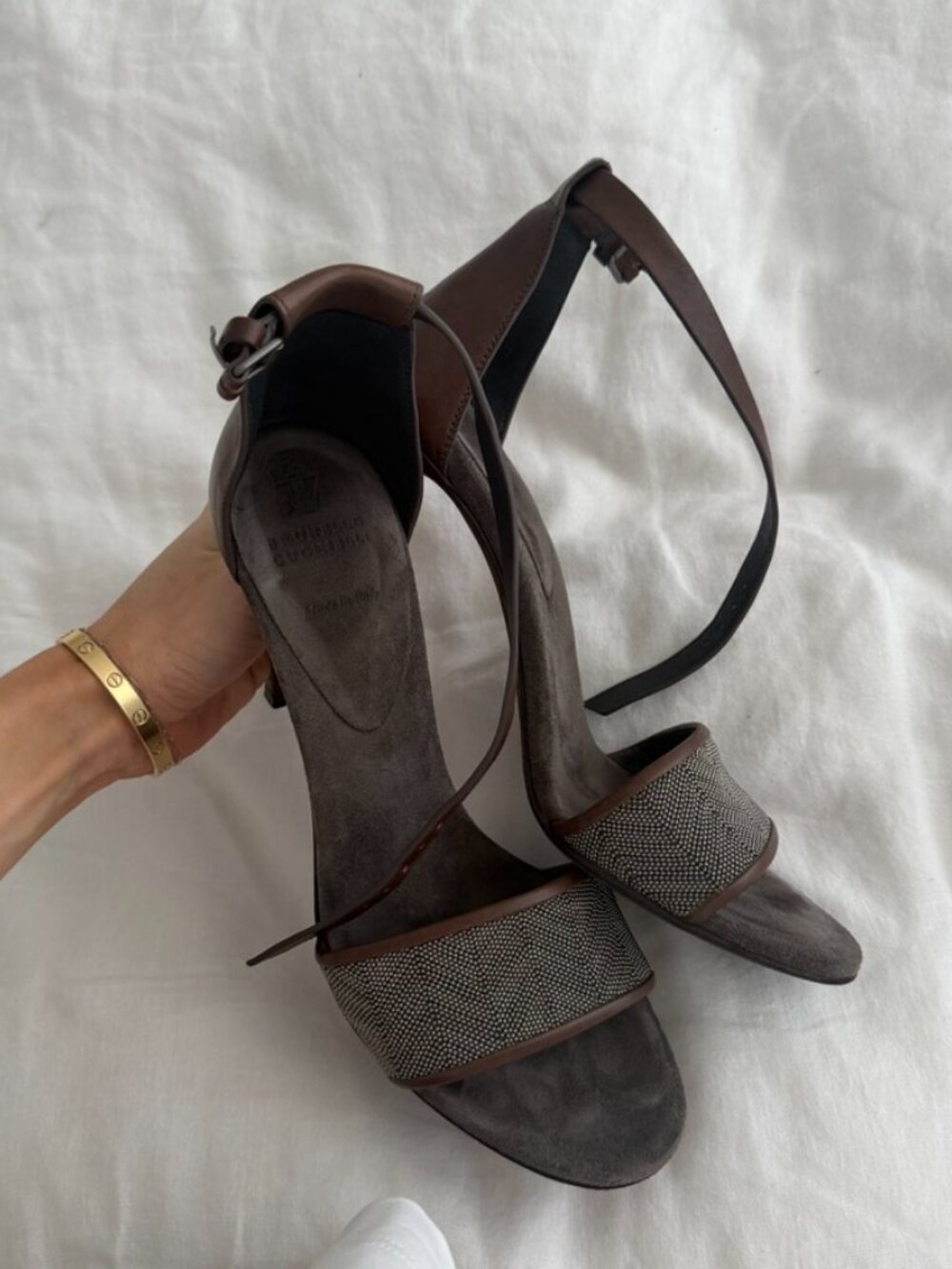 Brunello Cucinelli Heeled Sandal - brown suede with beading - Picture 9 of 9